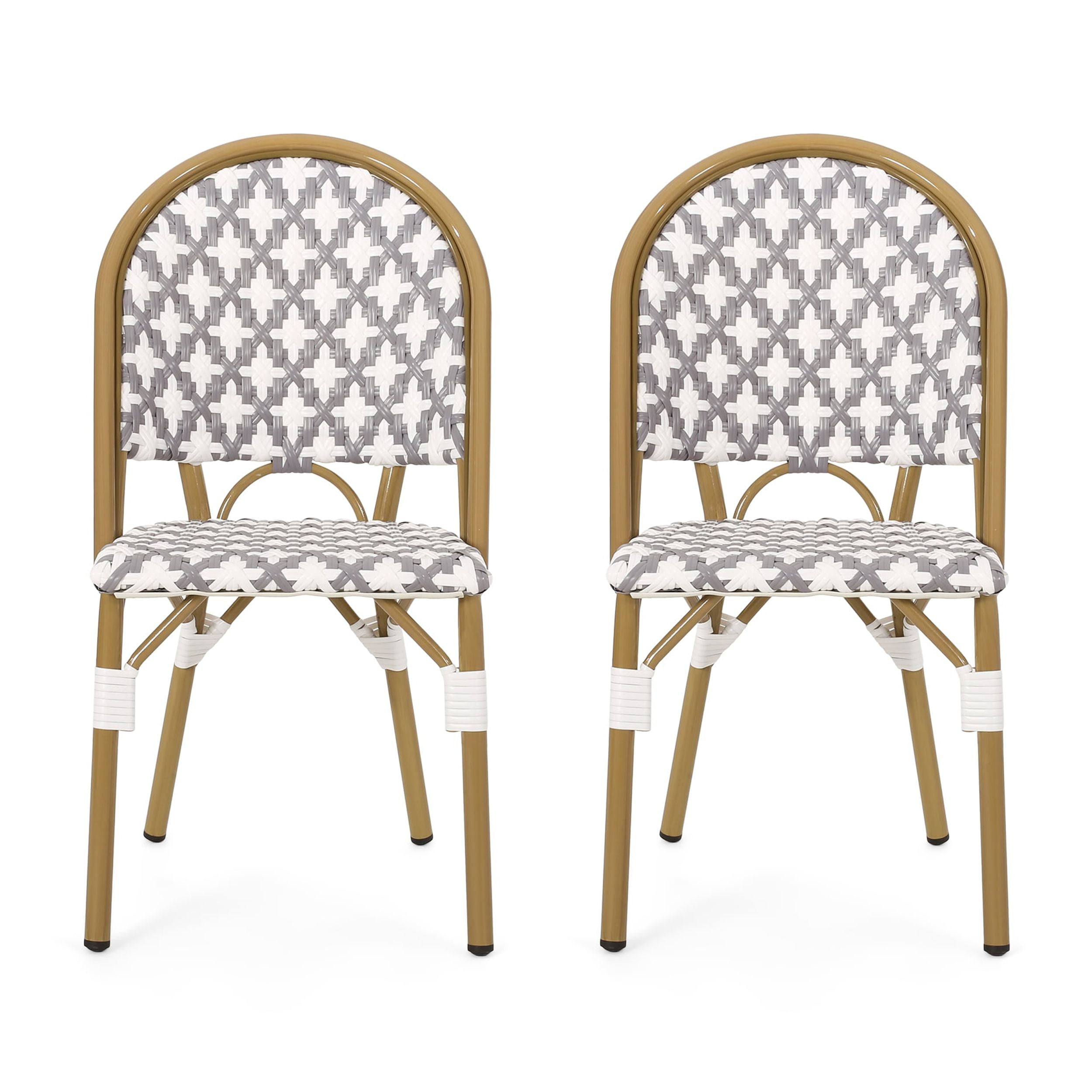 Outdoor French Style Leisure Chair Set of 2, PE Rattan and Aluminum Frame Seats for Patio Garden, Gray and White
