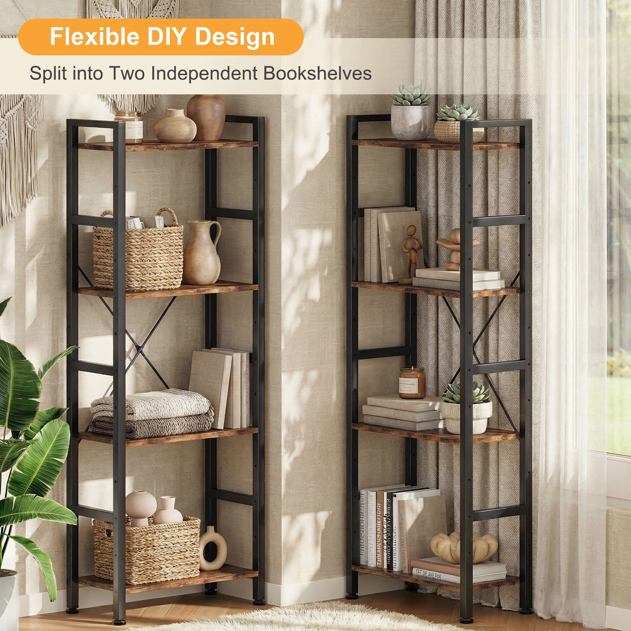 EDX Triple 4 Tier Bookshelf Storage Shelf, Modern Freestanding Bookcase with Metal Frame, Open Display Shelves, Space Saving Storage Organizer, Rustic Brown