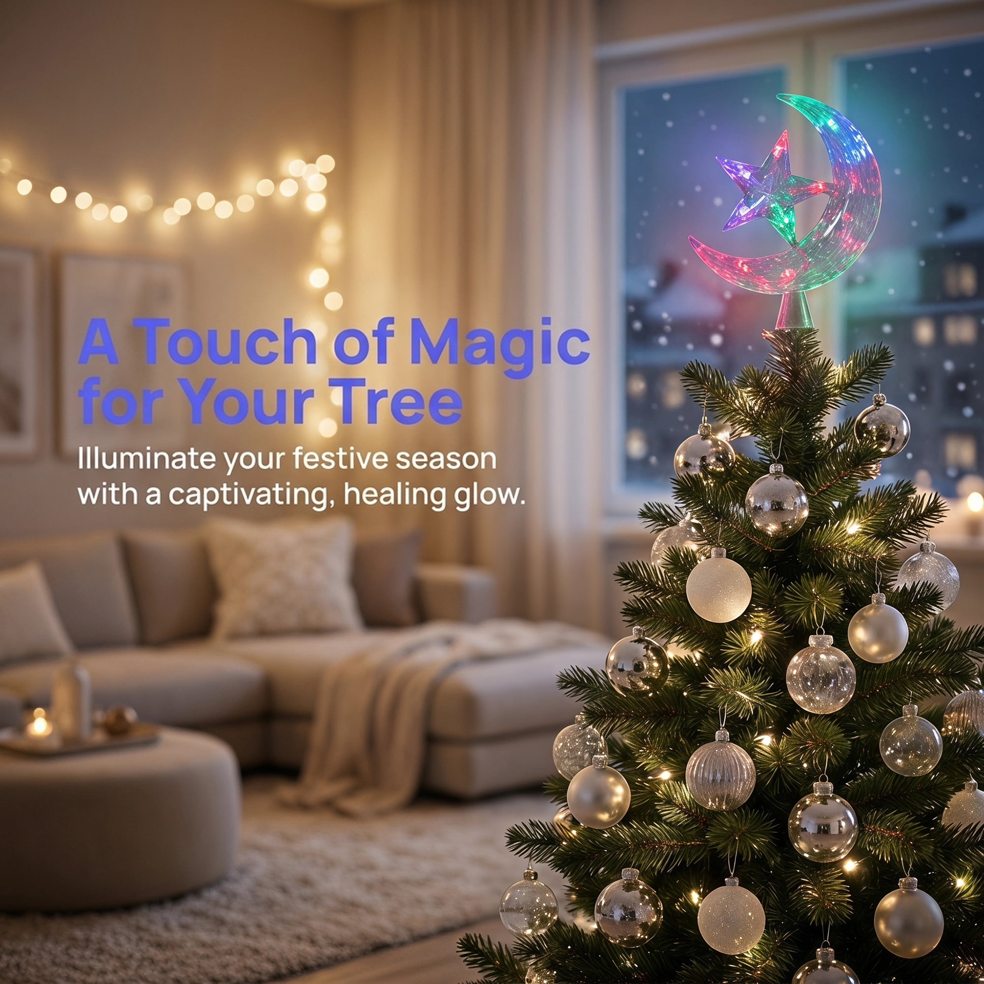 Unique Bargains Tree Finial Battery Operated Spring Mount Star Moon Multicolor Lights 7.9"