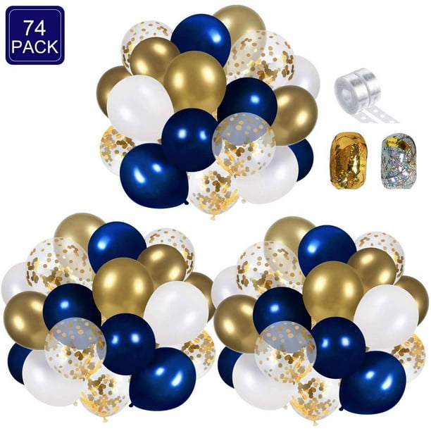 74 globos de confeti azul marino y dorado, globos de fiesta de cumpleaños de metal cromado blanco perla y dorado de alta calidad de 12 pulgadas, globos a granel para bodas, decoraciones de fiesta de g