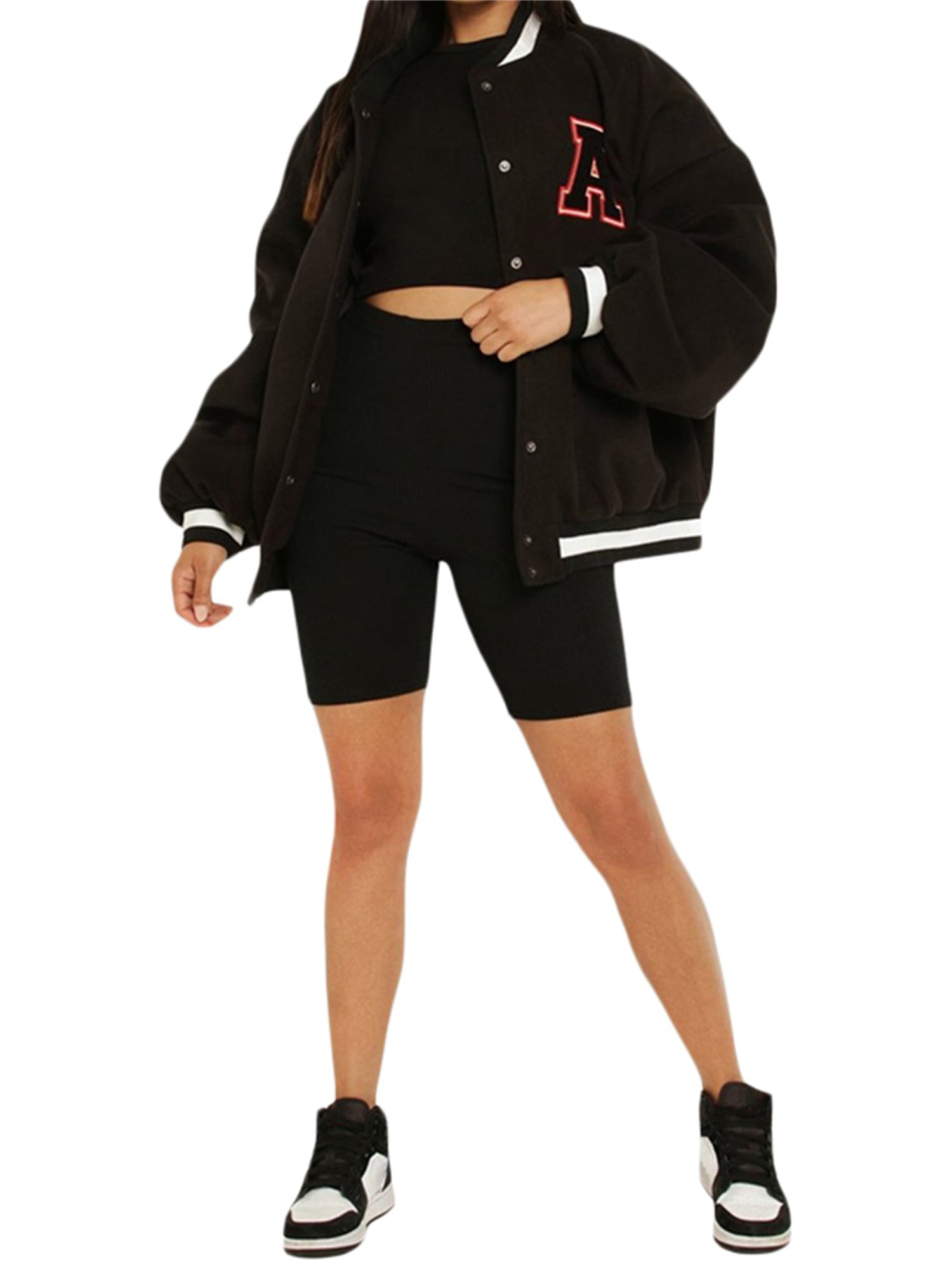 Women/'s Oversized Casual Varsity Jackets Vintage Letter Print Bomber Jacket Urban Boyfriend Baggy Baseball Coat