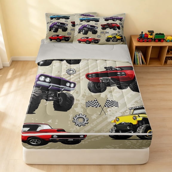Erosebridal Monster Truck Zipper Twin Comforter Sets with Fitted Sheet and 2 Pillowcases, White Background Zipper Bedding Set, Monster Trucks White, Gray Reversible