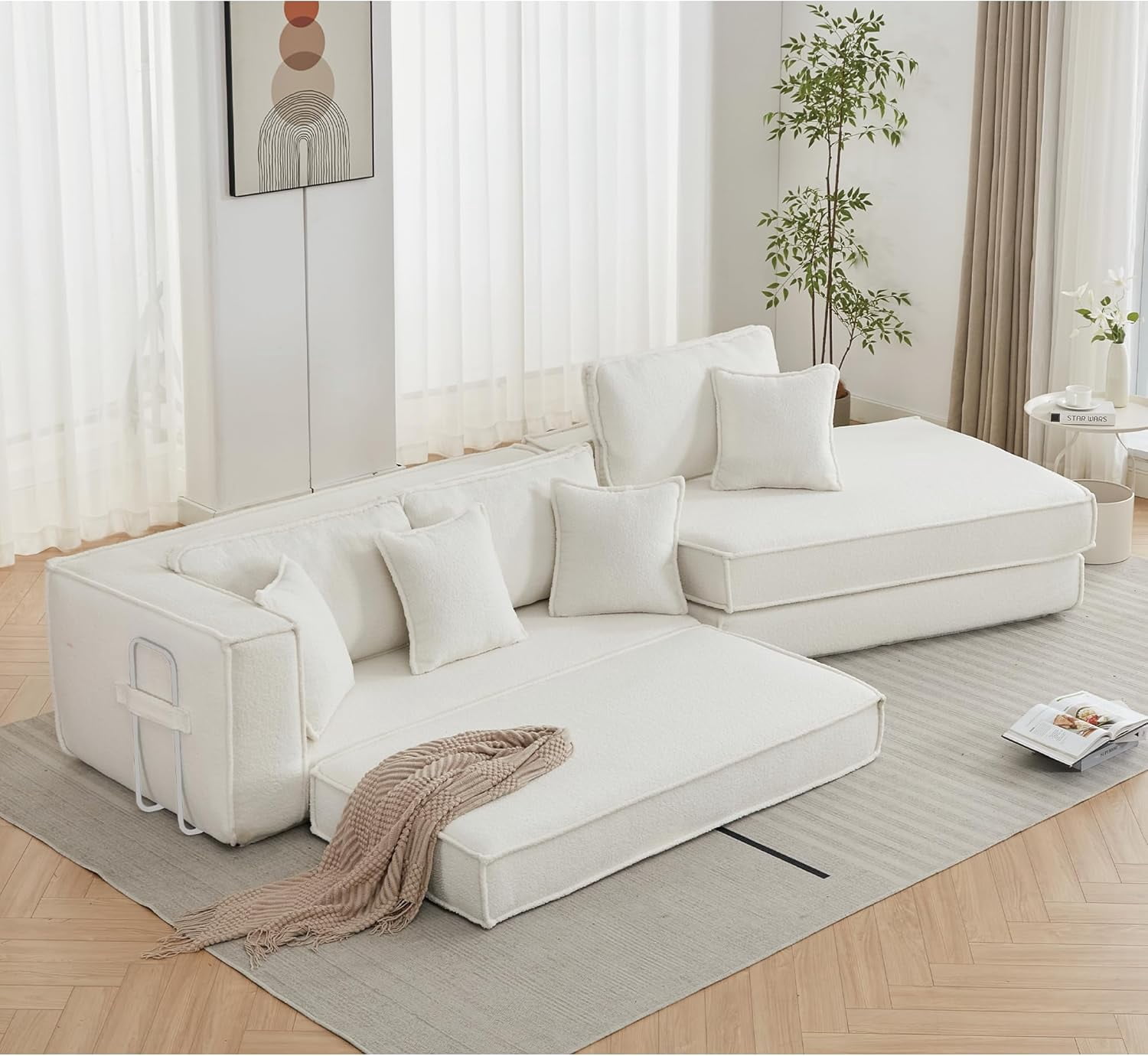 Howcool 133" Modular Cloud Sectional Sofa Bed, 2-in-1 Folding Convertible Couch, Lamb Velvet Fabric, Deep Seat Floor Gaming Sofa, 3-Seat Sleeper for Living Room, Beige
