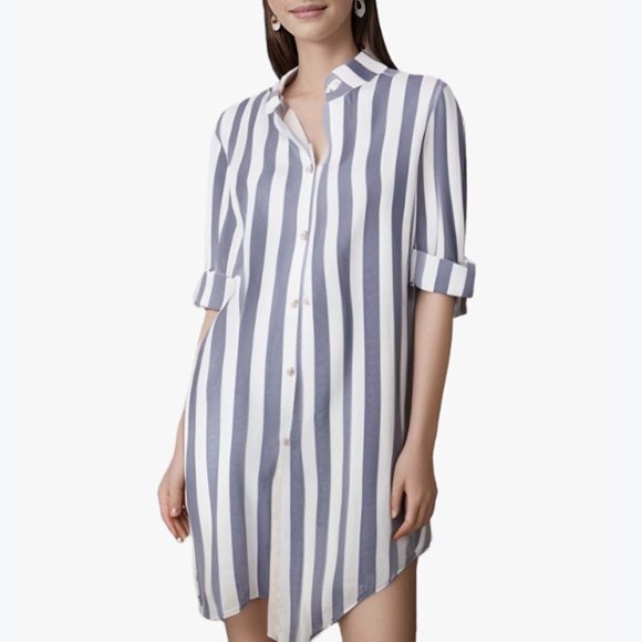 Ovbmpzd Chemise Femme Bleu Lin Manches Longues Rayée Grande Taille Chemises Boutonnées Travail à Col Hauts de Printemps pour Femmes 5TG