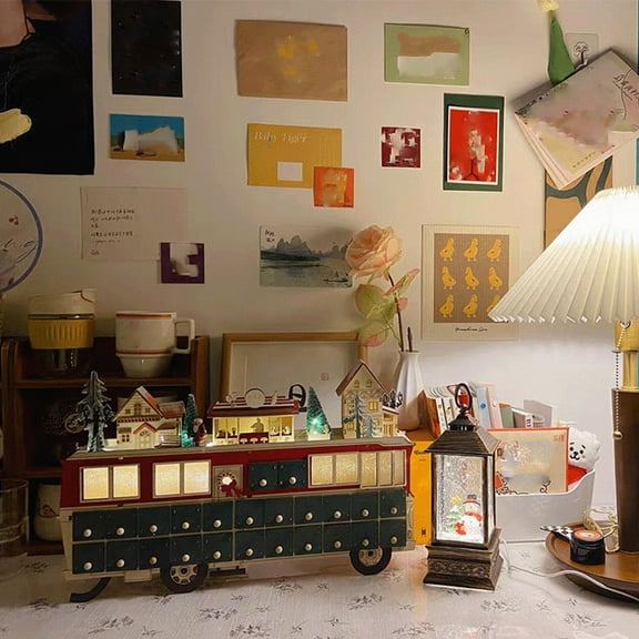 MXTPOV Creative Wooden Christmas Advent Calendar with 24 Drawers LED Countdown Calendar Bus Scene Advent Calendar Holiday Christmas Home Decoration