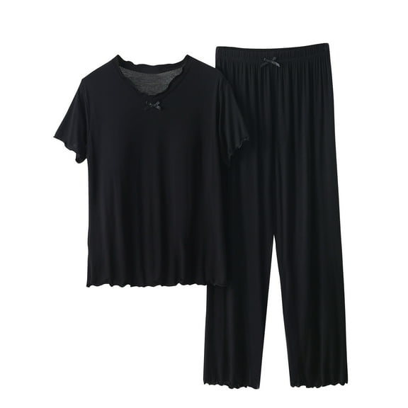 Lovskoo 2024 Pajama Sets for Women 2 Piece Outfits Lounge Sleepwear Short Sleeve Tops with Built in Bra Long Pants Sets Comfort Soft Sets Black L