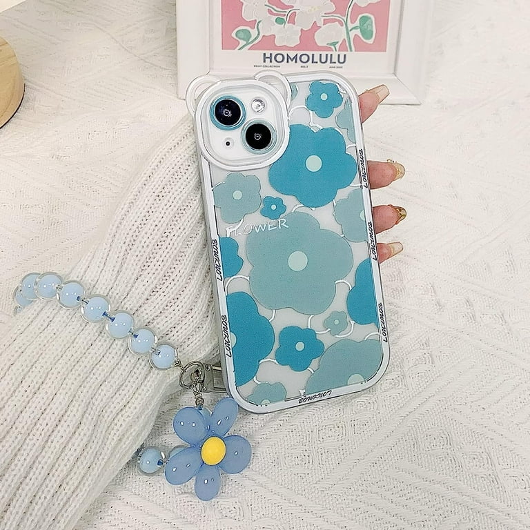 Compatible for iPhone 13 Case Clear Cute Flower Floral with Chain for Girls  Women Pattern Soft TPU Shockproof Protective Girly for iPhone 13-Blue Flower  