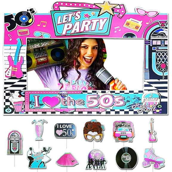 50s Vintage Party Photo Frame Props Set - Pink Jukebox Photo Frame 10 Rock Nostalgic Props Party Decoration
