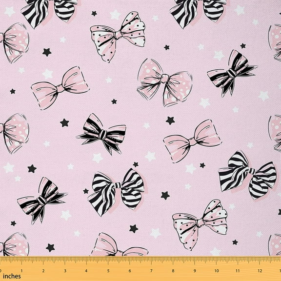Homewish Black Pink Bowknot Fabric by the Yard 1 Yard, Kawaii Cartoon Ribbon Stars Room Decor Fabric by the Yard, Teens Girls Kids Sewing Fabric, Lightweight Room Decor