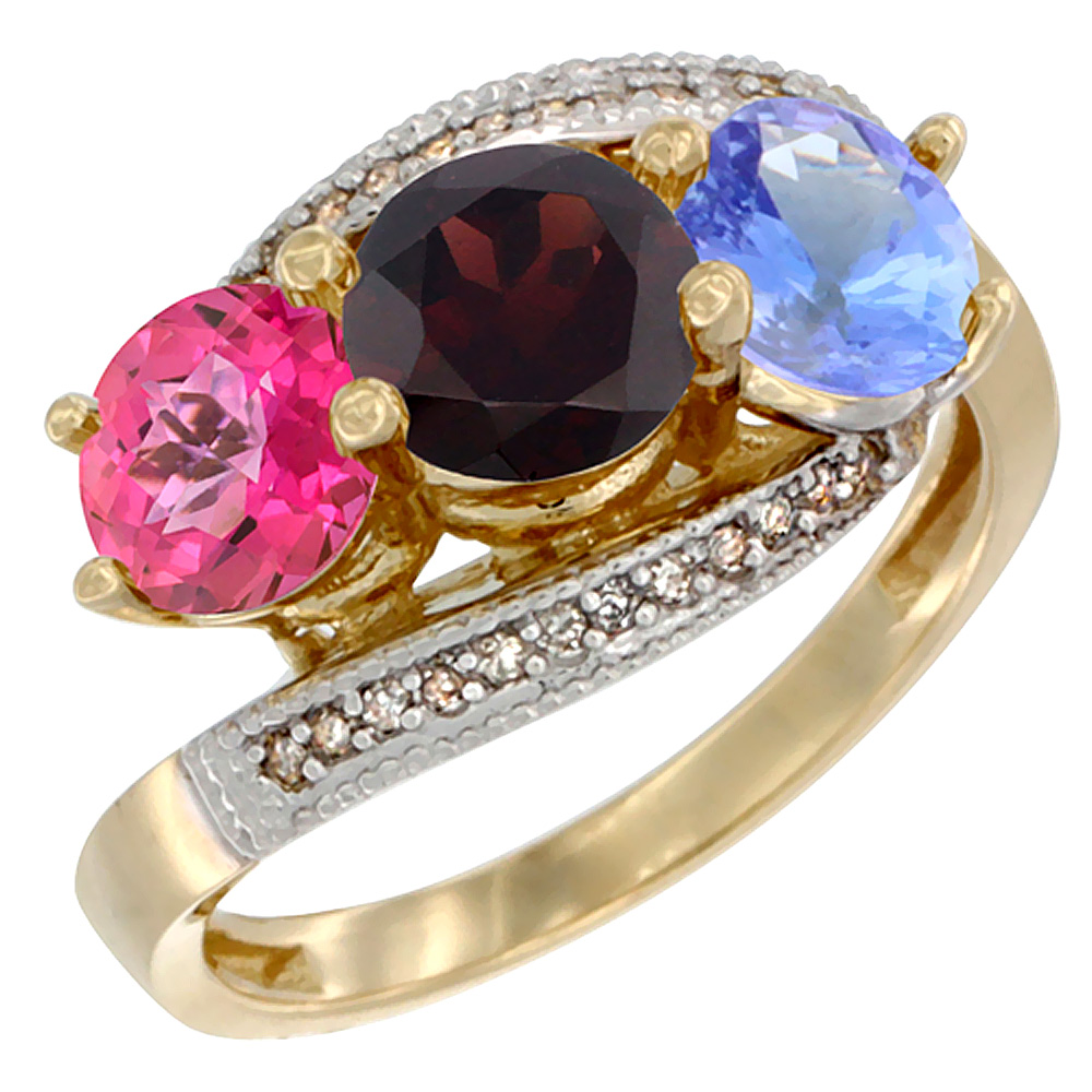 14K Yellow Gold Natural Pink Topaz, Garnet & Tanzanite 3 stone Ring Round 6mm Diamond Accent, size 6.5 by Gabriella Gold