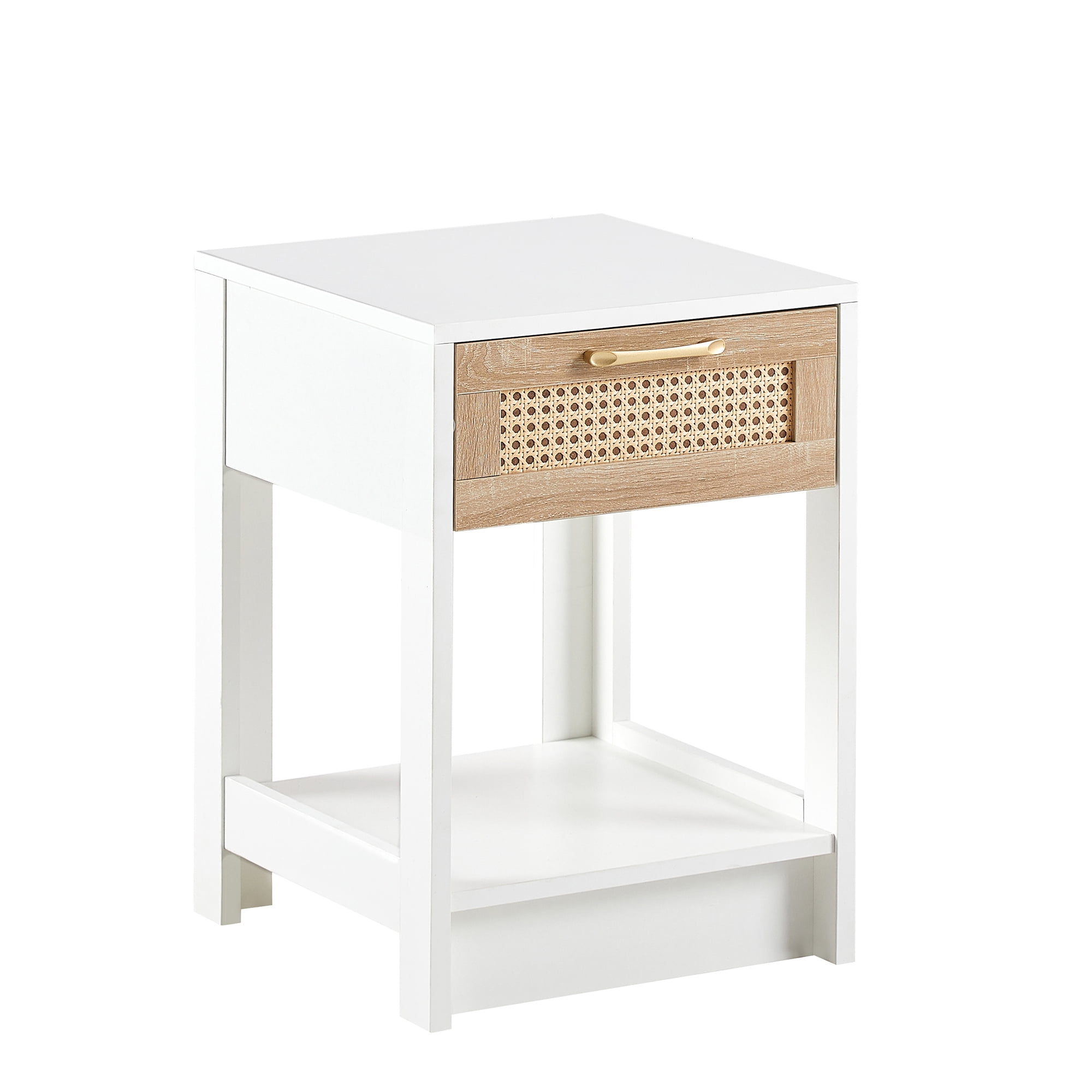 Kadyn Rattan Side Table, 15.75" Bedside End Table with Drawer, Modern Farmhouse Nightstand for Living Roon, White Kadyn Rattan Side Table, 15.75" Bedside End Table with Drawer, Modern Farmhouse Nightstand for Living Roon, White