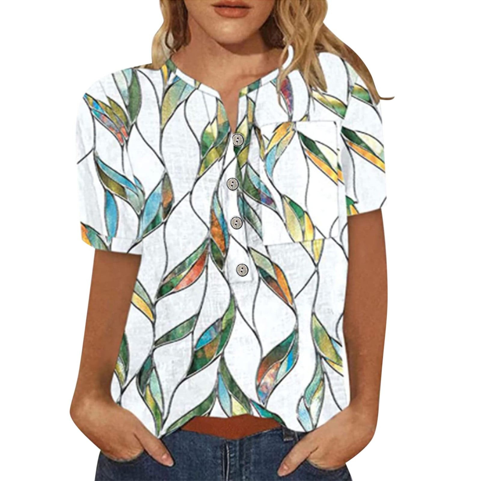 LBECLEY Teal Plus Ladies Tops and Blouses Summer Casual Printed Button ...