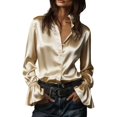 thumbnail image 2 of Women's Satin Button Down Shirt, Long Sleeve Bell Sleeve Blouse, Elegant Solid Color Collared Top for Wrinkle Resistant Formal Office Wear and Daily Outfits Khaki M, 2 of 5
