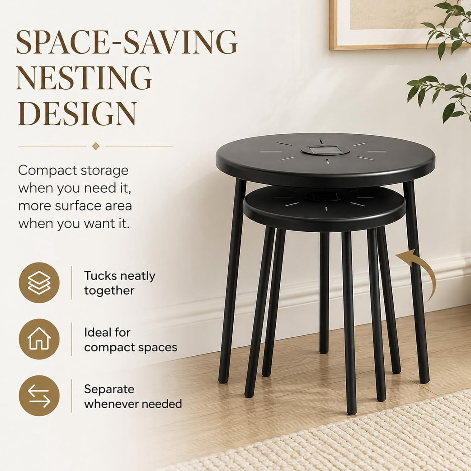 Black Round Nesting Coffee Table Set of 2, 2 PCS Small Outdoor Nesting Tables with LED Light for Living Room, Metal Side Table Set for Balcony Patio