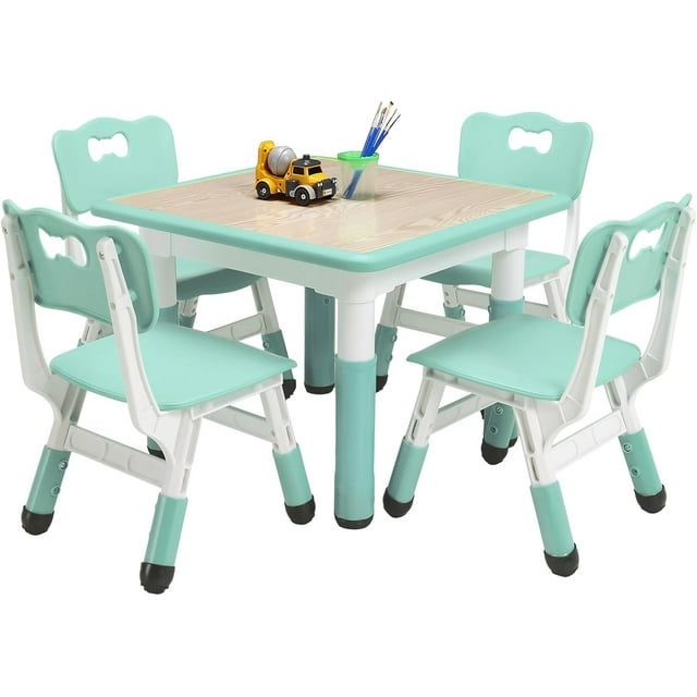 Kids Table and Chairs Set, Height Adjustable Desk with 4 Seats,Arts & Crafts Table,Graffiti Desktop, Non-Slip Legs, Max 300lbs, Children Multi-Activity Table
