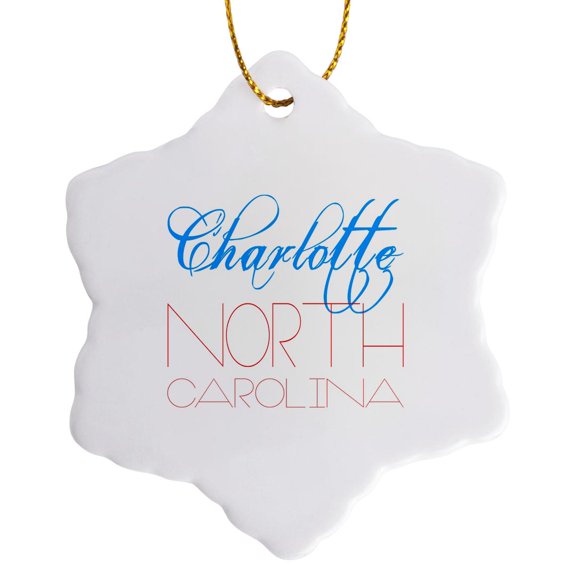 3drose, Elegant Beautiful Text Charlotte North Carolina of Blue, Red Colors, 3 inch Snowflake Porcelain Ornament