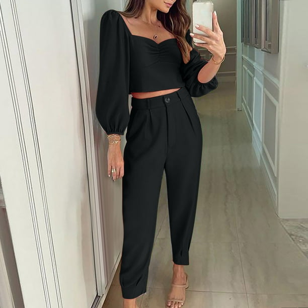 Casual Pants Suits for Women Women's Casual Solid Long Sleeve