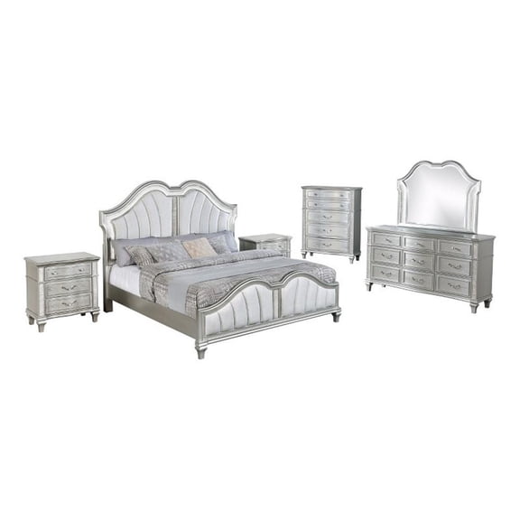 Best Quality Furniture Silver Embossed Wood Bedroom Set with Queen Panel Bed