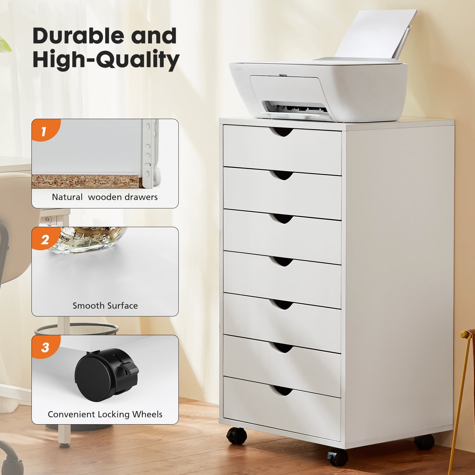 Blazezo 7 Drawer Rolling File Cabinet, Mobile Storage Cart with Locking Wheels, Under Desk Organizer, Wood Printer Stand for Home Office, Craft & Closet Storage, Space Saving Furniture (White)