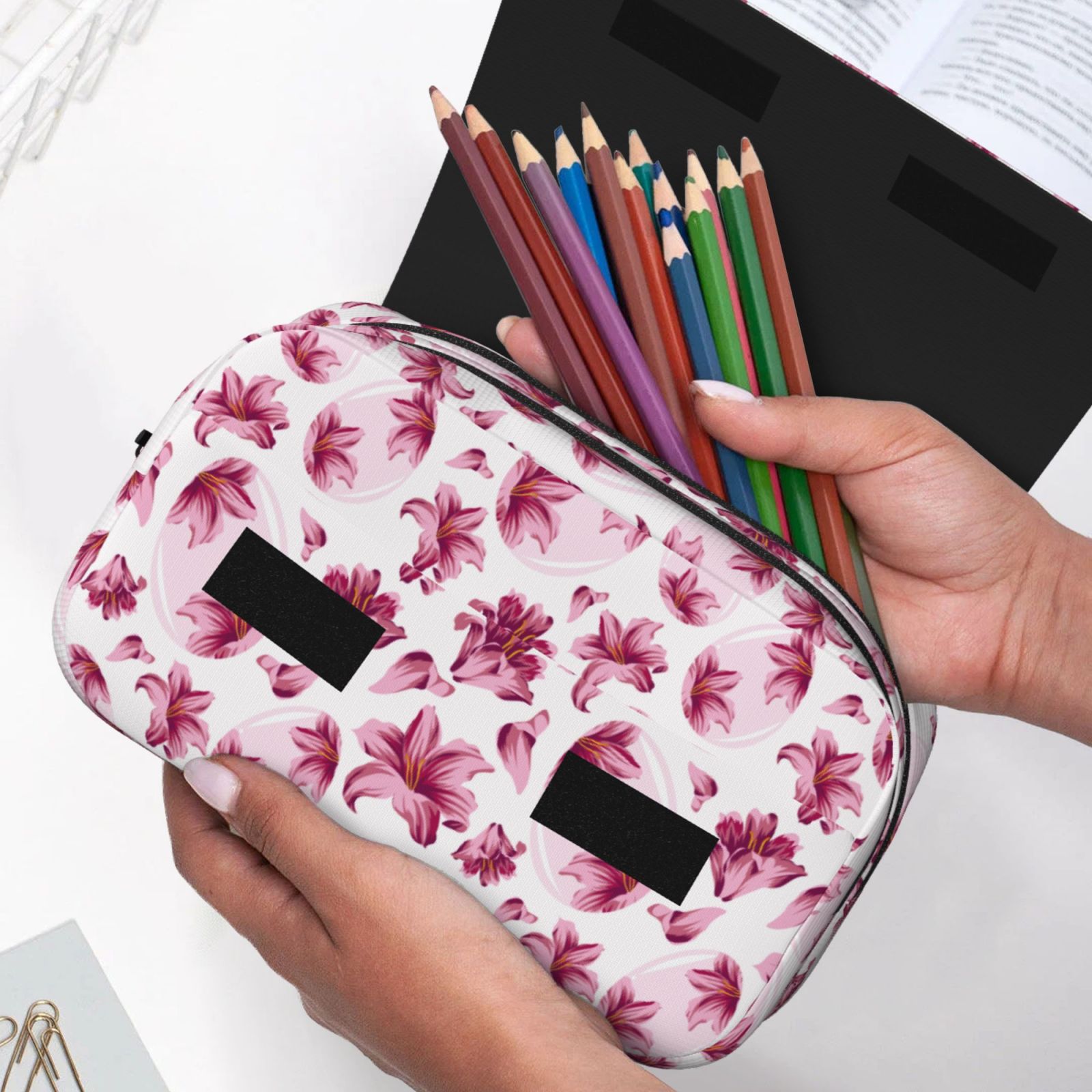 Rateoe Lilies Flowers Pattern Double Clamshell Pen Case, Storage Organizer with Two Zipper Compartments– Holds Up to 50 Pencils & Pens