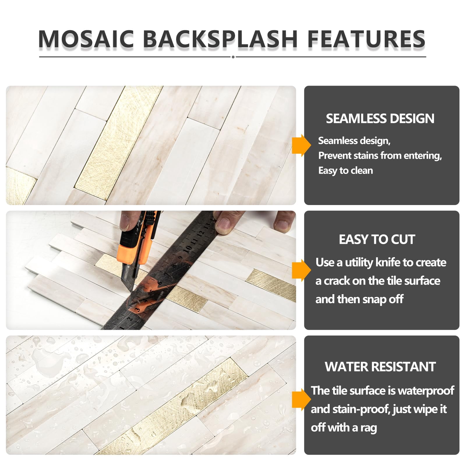 2 Sheets Peel And Stick Backsplash Tile  On For Kitchen Bathroom Glossy Eurasian Wood Grain Pvc Mixed Metal Self Adhesive Wall Tiles