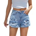 thumbnail image 1 of Pantalones cortos de mezclilla para mujer, elásticos, deshilachados, informales, con bolsillos calientes, cintura media 187-blue16, 1 of 5