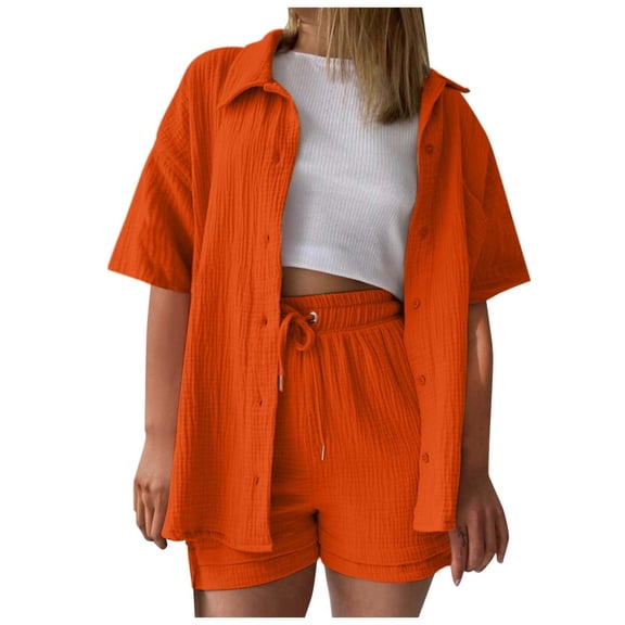 WAYUTE Womens 2 Piece Outfits Solid Color Short Sleeve Button Shirt and Casual Shorts Comfortable Casual Travel Summer Outfit