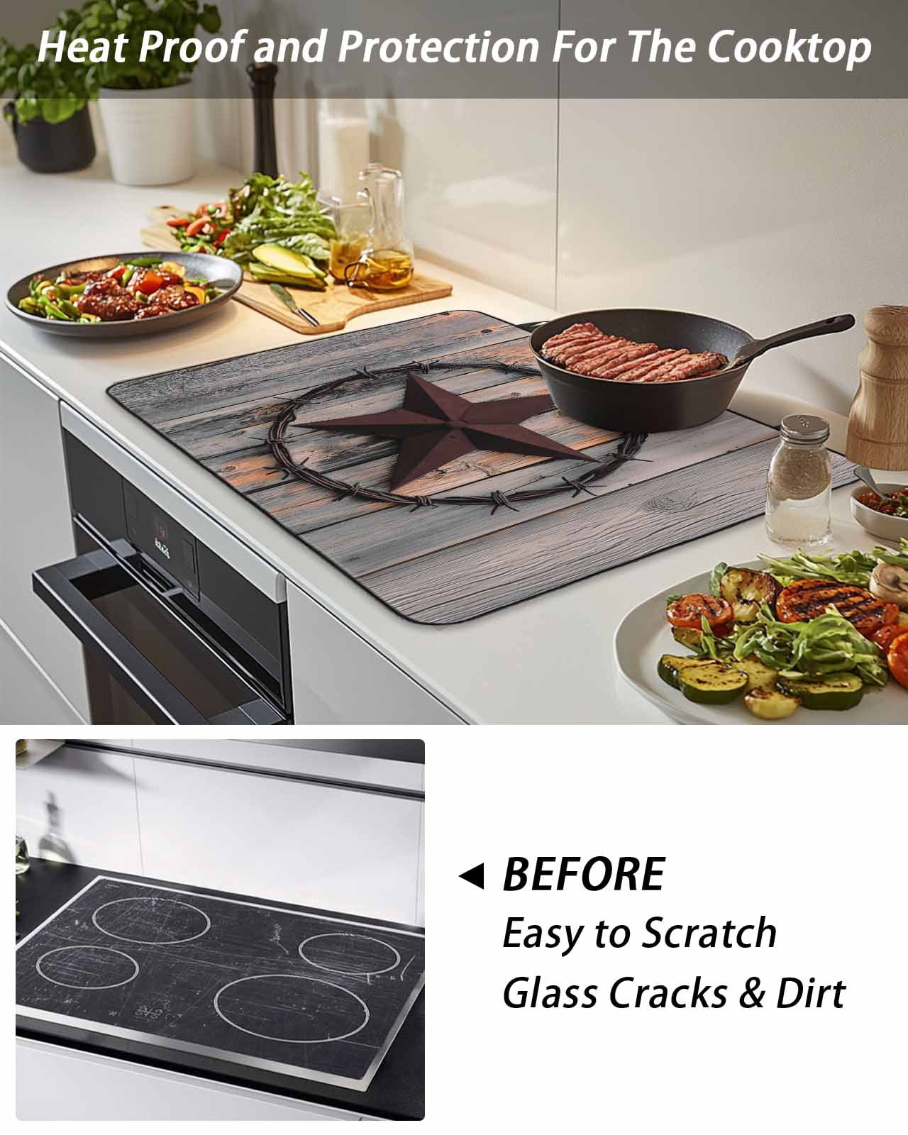 Stove Top Covers for Electric Stove, Texas Star Brown Glass Stovetop Cover Protector, Farmhouse Country Western Brown Wooden Induction Cooktop Protector Oven Mat for Kitchen Countertop 24"x21"