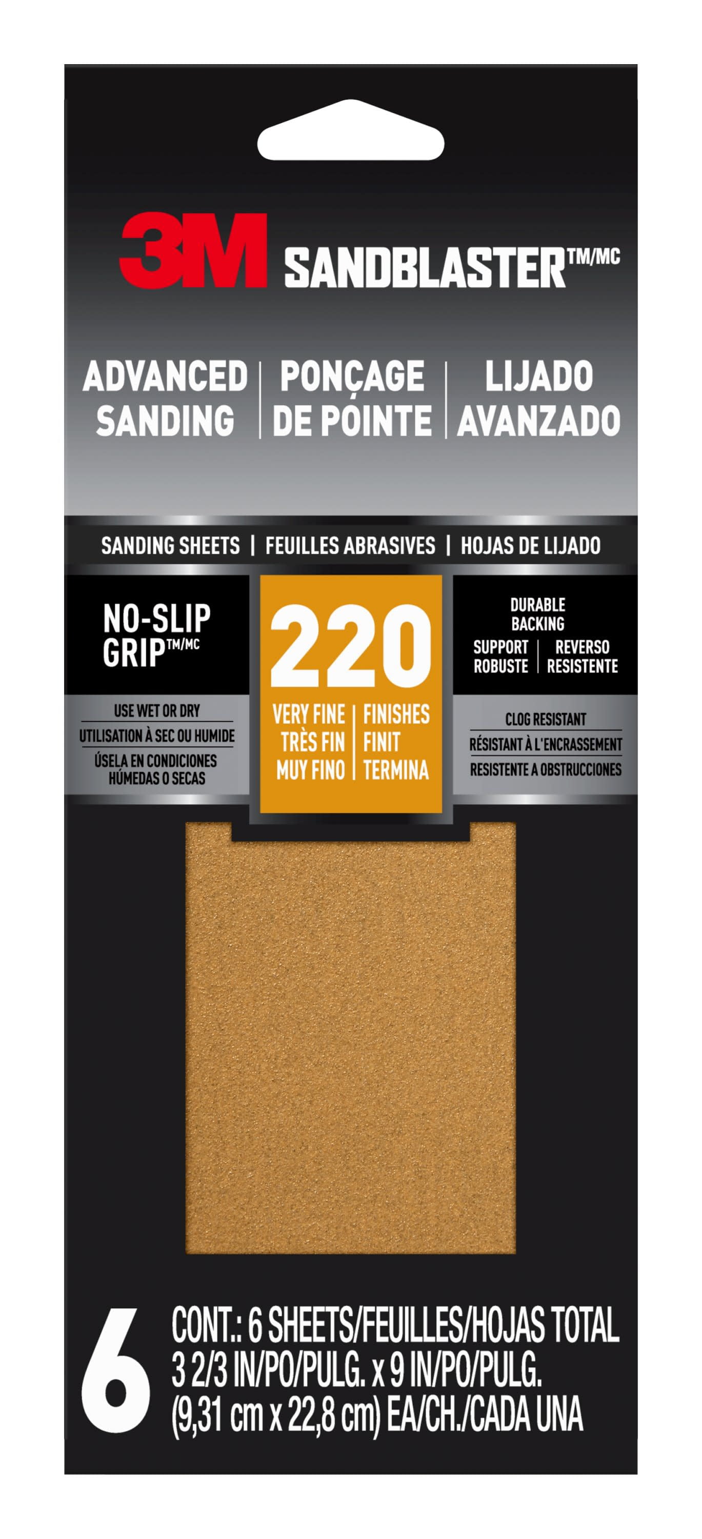 3M Sandblaster No-Slip Grip Sandpaper, Gold, 3-2/3 in x 9 in, 220 Grit, 6 Sheets
