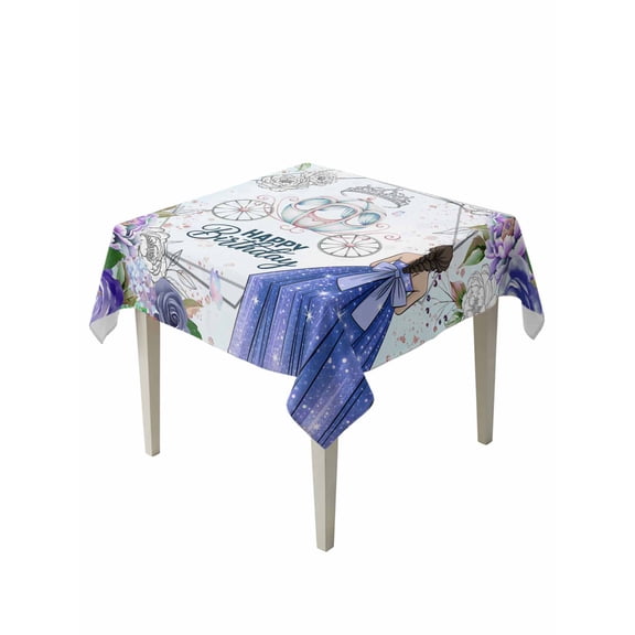 Happy Birthday Table Cloth, Waterproof Tablecloth for Square Tables, Purple Dress Crown Carriage Flowers Butterfly Reusable Washable Fabric Table Cover for Restaurant Kitchen Dining Tables 54"x54"