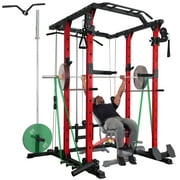 ELEVTAB Power Rack Cage, 1400 lbs Weight Rack with Cable Crossover Machine,Multi-Function Squat Rack with J Hooks,Dip Bars and Landmine for Home Gym (Red)