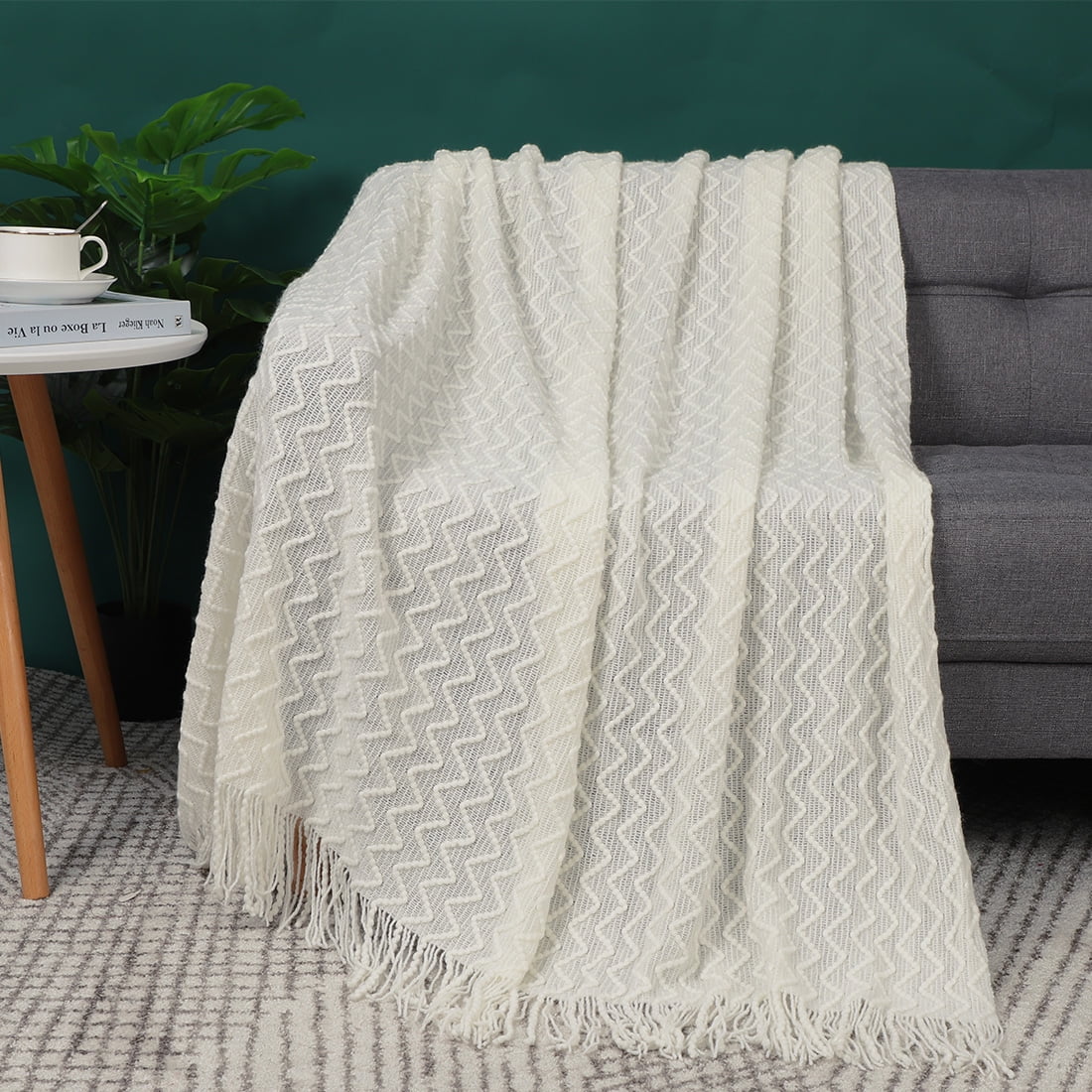 Unique Bargains Fringe Knitted Decorative Throw Blanket, 50"x 60", Cream White