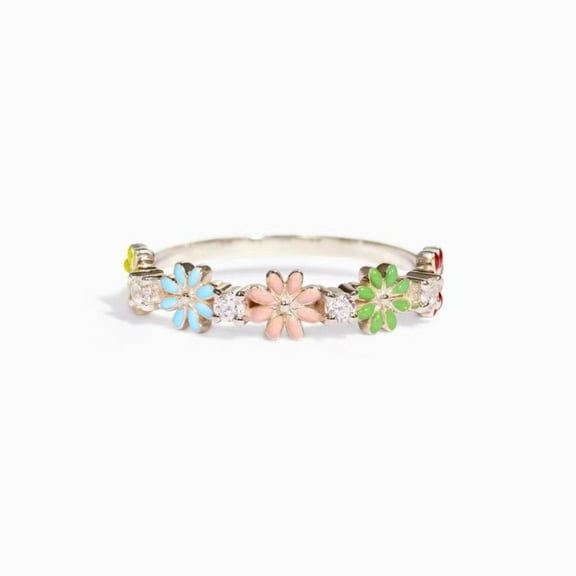 Color Daisy 925 Sterling Silver Wedding Band Plated with 18K White Gold Stackable Promise Engagement Rings Brand Jewelry Adjustable