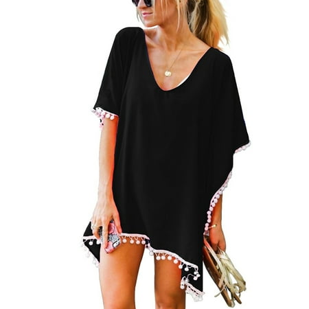 Swim Cover ups Women Bikini Beachwear V-neck Loose Beach Dress Tops Summer Bathing Suit with Tassels Irregular Hems Loose Fit Poncho