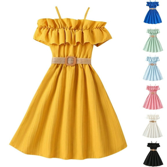Axiiglly Girls Dresses Spaghetti Straps Boho Dresses Solid Color Ruffle Flowy Girls Dress Casual Summer Beach Dress