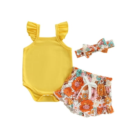 

Qtinghua Newborn Baby Girl Summer Outfits Ribbed Sleeveless Romper Bodysuit Top and Ruffle Shorts Headband Clothes