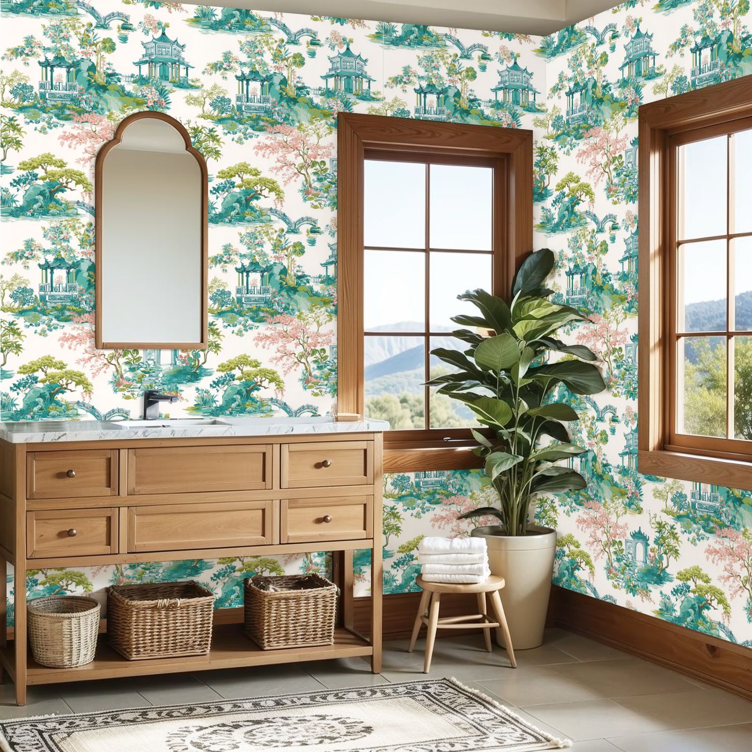 Peel and Stick Wallpaper 23.6in x 9.8ft Chinese Garden Landscape Pagodas Bridges Floral Motifs Contact Paper Vinyl Self-Adhesive Removable Wall Paper for Bedroom Kitchen Cabinet Renter Friendly