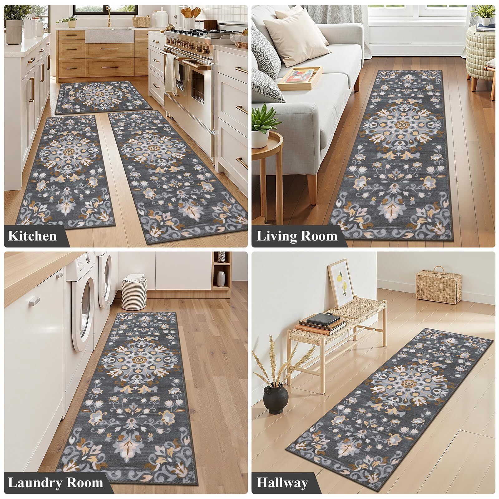 Findosom 3pcs Washable Kitchen Rug Set,Non-Slip Floral Boho Kitchen Mats Kitchen Runner Rug Floor Carpet for Hardwood Floor,Sink,Entryway,Bathroom,Home Decor,20"x32"+20"x48"+20"x59"
