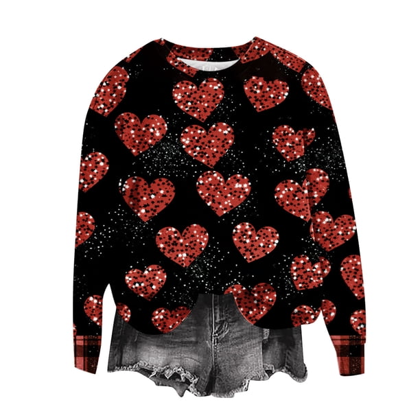Camiseta de Cuello Redondo de Impresión en Forma de Corazón Casual de Manga Larga de Mujer Verano Suave