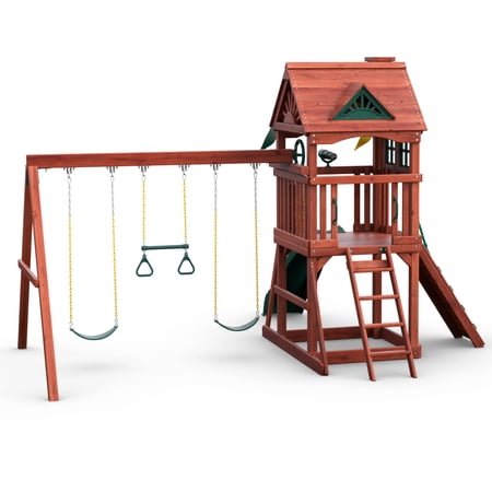 Gorilla Playsets Nantucket II Wooden Swing Set with 2 Belt Swing, Trapeze Bar, and Working Shudders - Image 4