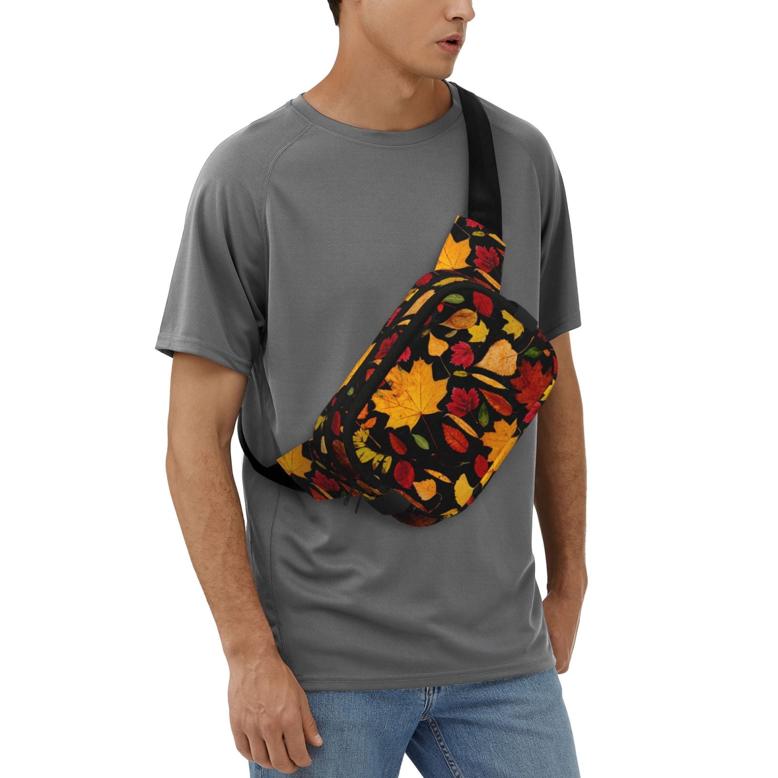Picia Autumn Maple Leaves A Print Square Double-Layer Waist Bag Mini Adjustable Waist Belt Bag Exercise Running Travel Hiking