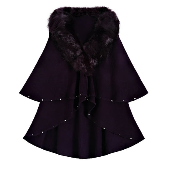 Domuza Womens Luxury Faux Fur Warm Cape Cloak Coat Fur Wrap Bridal Stoles Wedding Fur Shawl Dark Purple