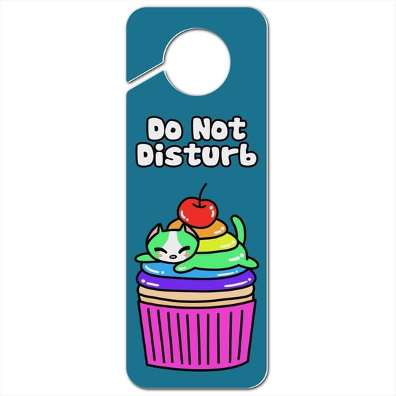 Cute Kawaii Lazy Cat in Rainbow Cupcake Plastic Door Knob Hanger Sign