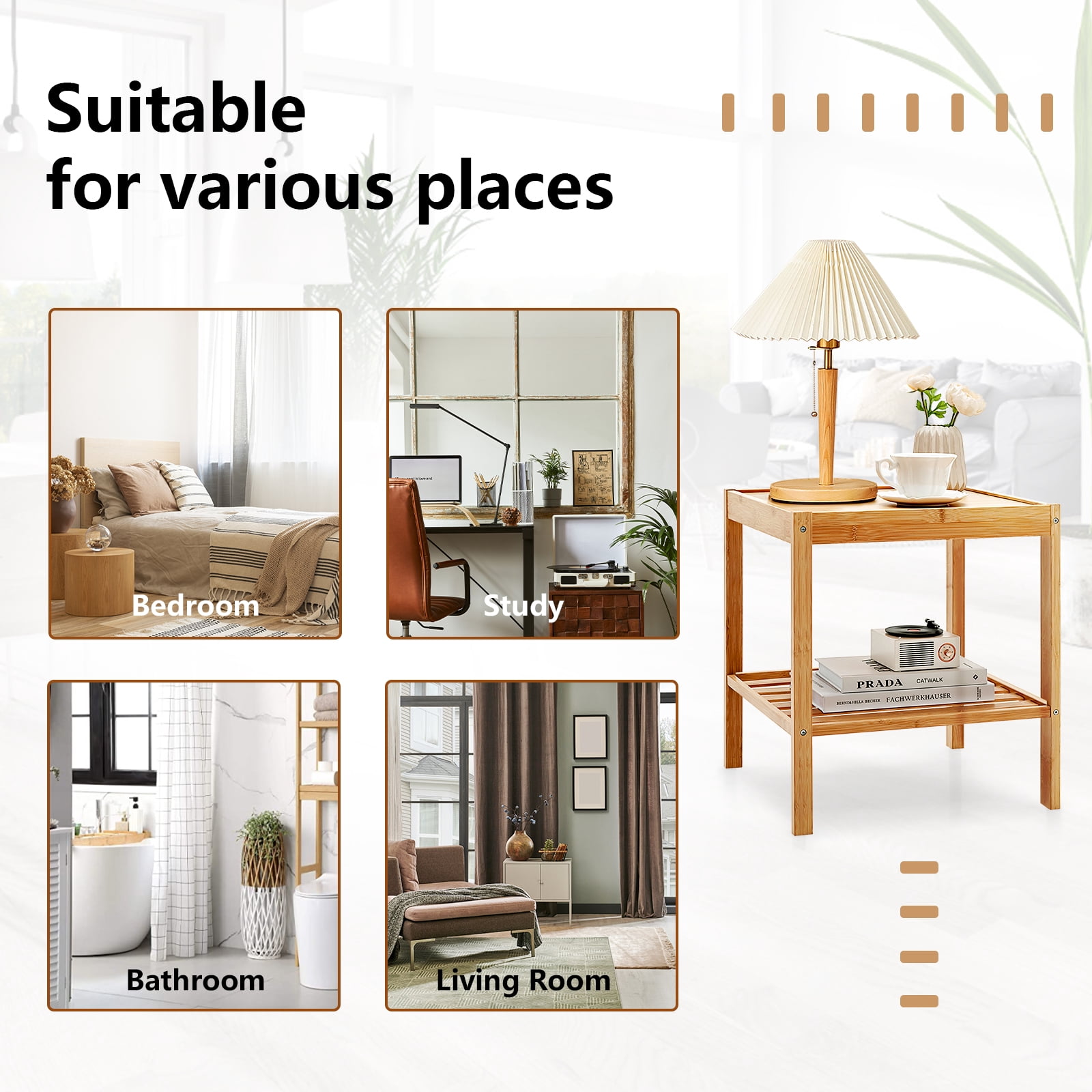 Topbuy Bamboo Nightstand Set of 2 2-tier Side Table w/ Bottom Shelf Square End Table Beside Sofa & Bed Compact Nightstand for Small Space