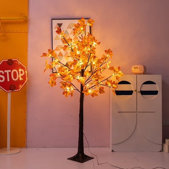 23.62IN Fall Tree with LED Lights Artificial Lighted Maple Tree Warm White Fall Decorations Indoor Outdoor, Fall Light up Tree fall Trees with Lights Fall Decorations for Home Orange