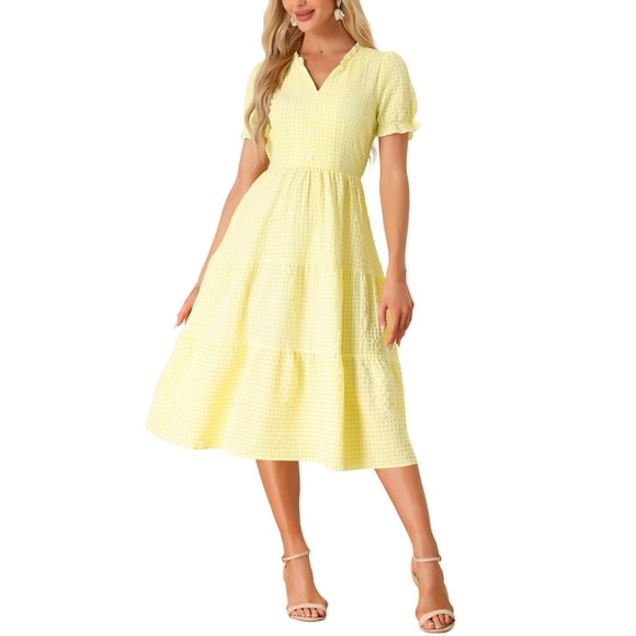 INSPIRE CHIC Gingham Dress for Women's Summer Ruffle Trim V Neck Button Decor Flowy Midi Dresses S Yellow