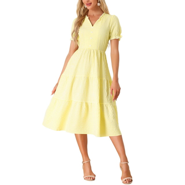 Vestido de cuadros para mujer Inspire Chic, vestido midi con volantes, escote en V, decoración de botones, color amarillo, talla M
