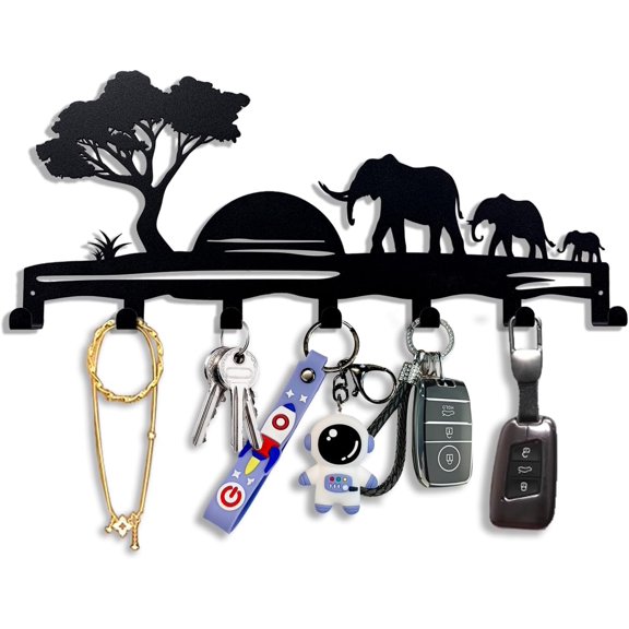 Elephant Family Metal Key Hook Rack - African Savannah Sunset Wall Decor - Practical and Artistic Key Organizer, Hallway, Kitchen, Office