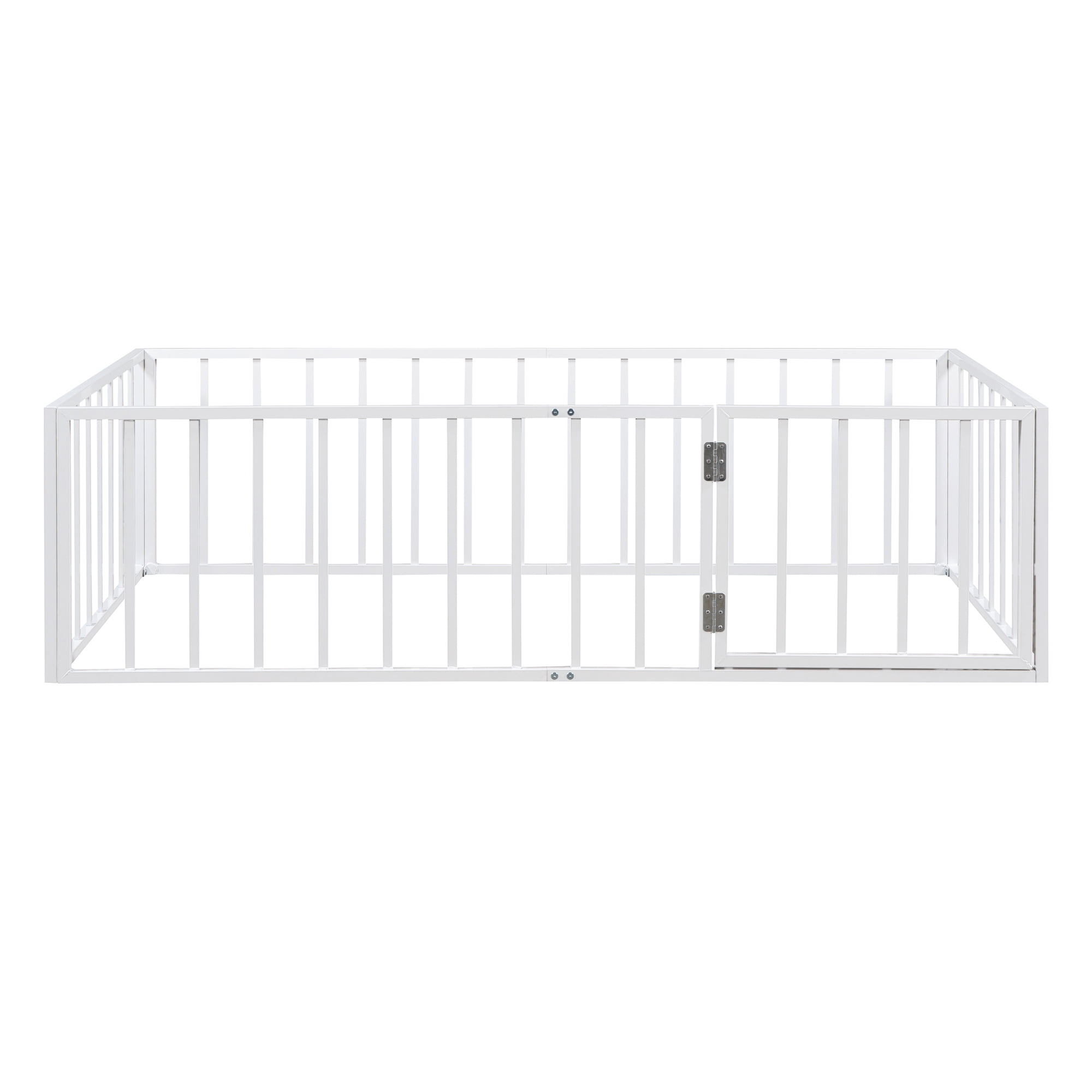 Twin Size Floor Bed for Kids, Metal Montessori Floor Bed with Fence Guardrails and Door, Kids Montessori Bed Frame Toddler Bed for Boys Girls, No Slats