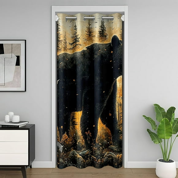Wild Bear Zebra Door Curtain for Doorway Privacy,Lodge Cabin Style Jungle Sliding Closet Door Curtains Autumn Trees Plant Privacy Curtain Cover for Room Divider Not Blackout Curtain,W52 X L84